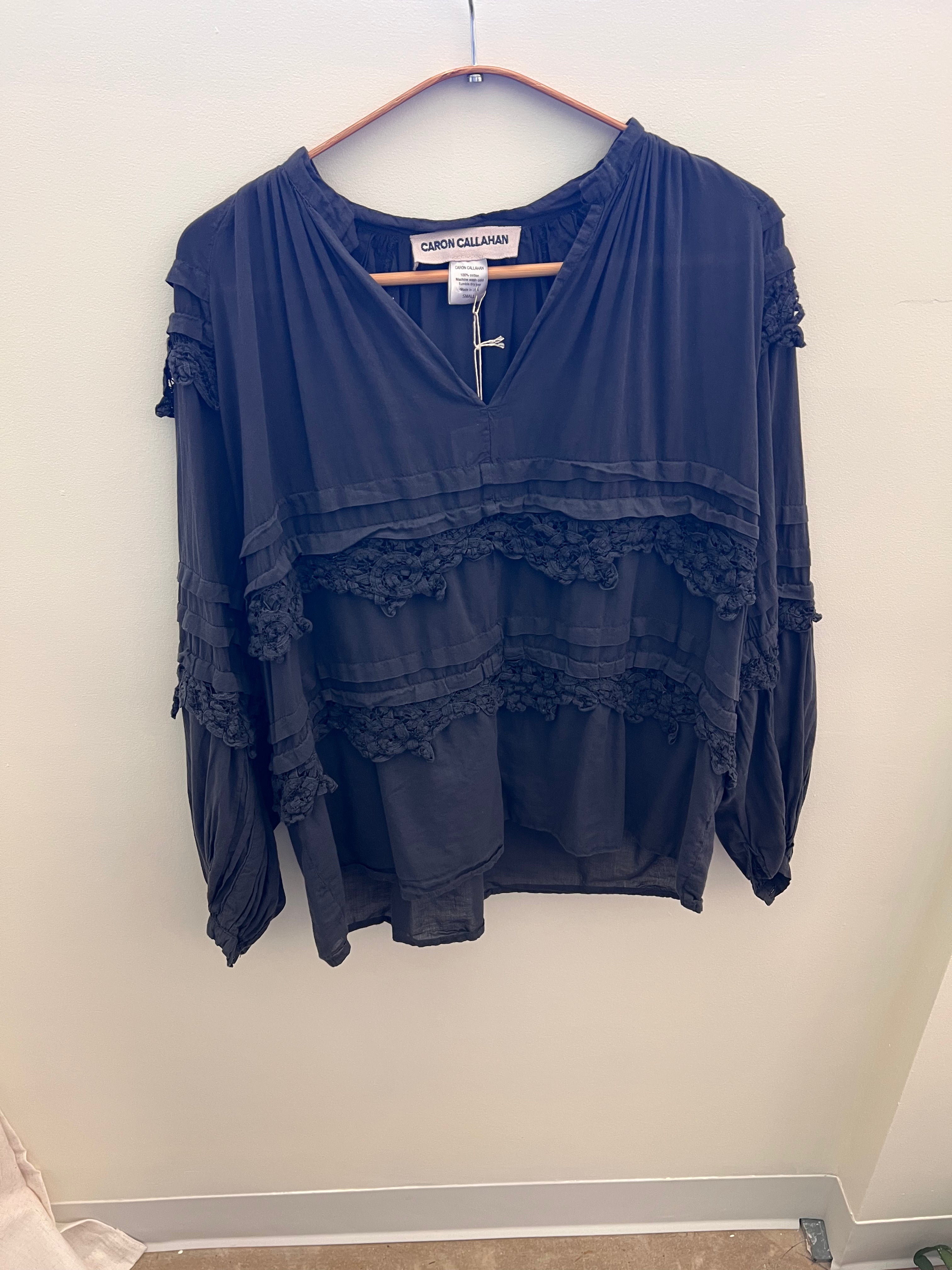 Caron Callahan black ruffle top